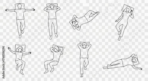 Various sleeping positions of people lying on pillows shown as line art on a transparent background