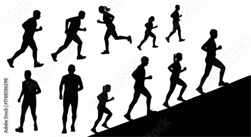Silhouette illustration of people running on flat ground and climbing a hill in a black and white image