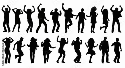 Silhouette illustration of a large group of people dancing and celebrating with various poses and gestures