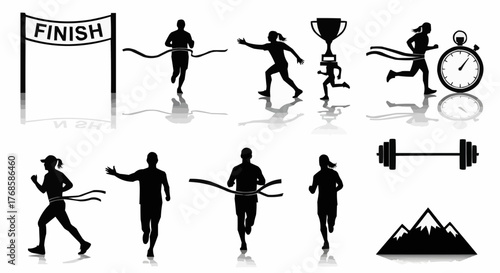 Silhouette illustrations of runners crossing finish line with trophy, stopwatch, barbell and mountains
