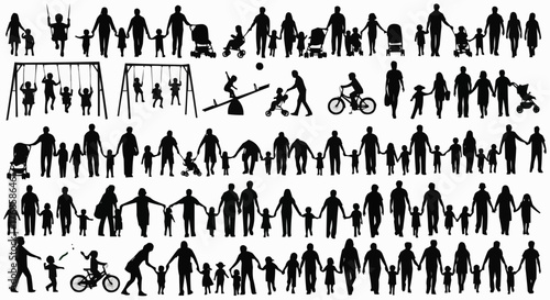 Silhouette illustration showcasing diverse family activities and relationships together in black and white style