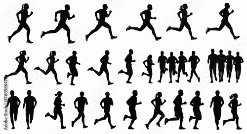 Silhouette of many people running in various poses and in groups on a white background showing movement