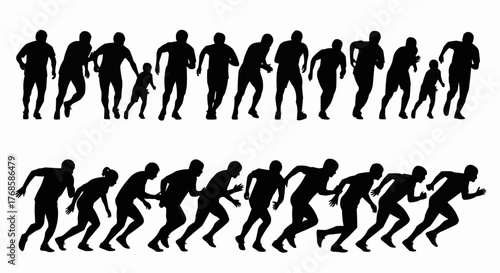 Silhouette depiction showing a sequence of runners in various stages of movement and different sizes