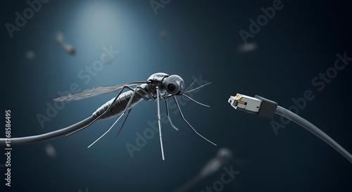 Futuristic concept of a cybernetic mosquito drone connecting to a network cable, illustrating surveillance, data breach, cyber security, internet of things, and potential technology risks.