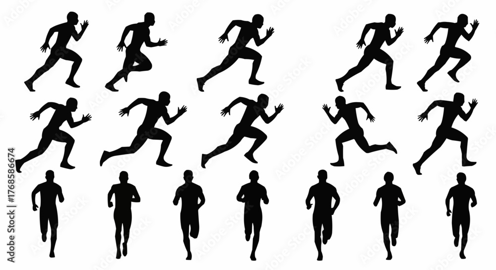 Naklejka premium Silhouettes of runners in various poses depicting motion and speed on a white background in a pattern