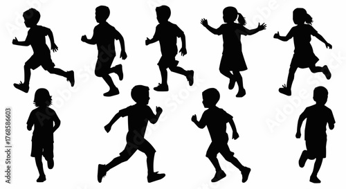 Silhouette of children running and playing together in a joyful and energetic manner on a white background