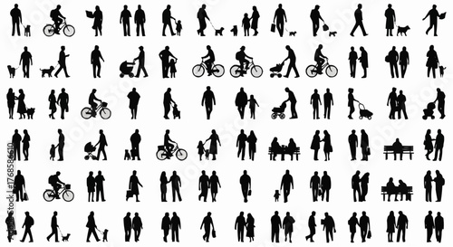 Silhouettes of people walking, biking, with children, and dogs in various poses and activities shown