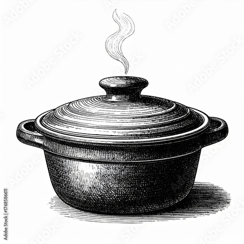Vintage Style Black Cooking Pot Illustration with Steam Isolated on White