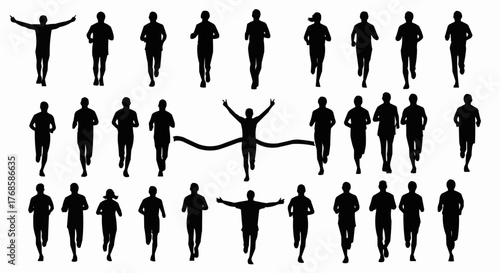 Silhouette illustration of multiple people running a race with one crossing the finish line