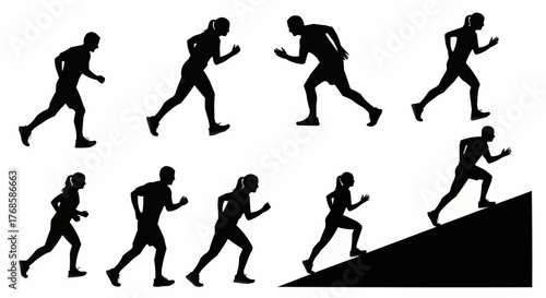 Silhouettes of people running and jogging in various poses and positions on a white background scene view