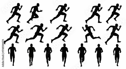 Silhouettes of runners in various poses depicting motion and speed on a white background in a pattern