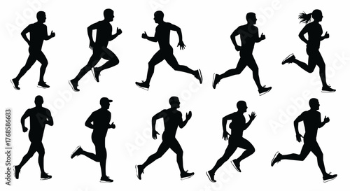 Silhouette illustrations of people running in various poses against a white background in a pattern