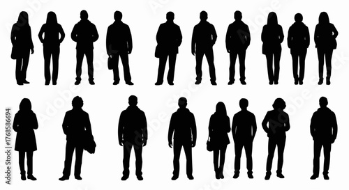 Silhouette illustration of a diverse group of men and women standing in two rows against a white background