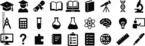 Education and science glyph icon set. Vector pictograms of atom, microscope, DNA, test tube, flask, telescope, laptop, graduation, and research equipment black silhouette illustration