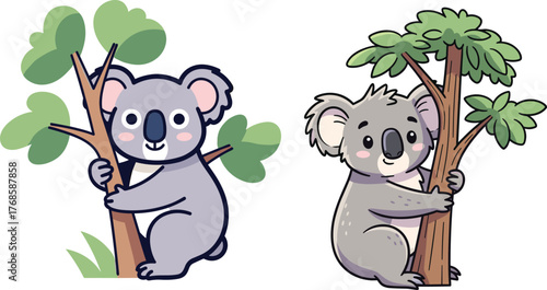 Photography Cute cartoon koalas hugging eucalyptus trees, adorable Australian wildlife anima