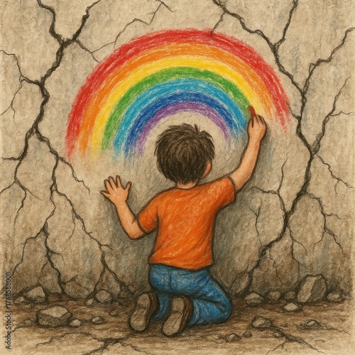 Emotional illustration of a young child kneeling and painting a colorful rainbow on a cracked, damaged wall. Symbol of hope, resilience, and innocence amid hardship.