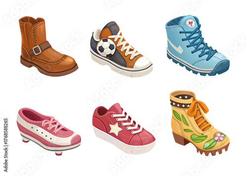 Collection of six diverse footwear styles isolated on transparent background