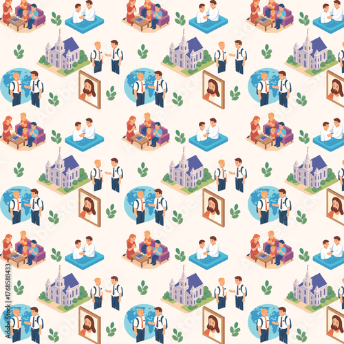 A seamless isometric pattern featuring religious and spiritual scenes such as prayer, baptism, missionaries, and temples, symbolizing faith, family, and devo