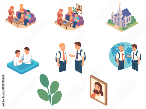 A collection of isometric illustrations depicting prayer, baptism, missionaries, and temples, representing faith, devotion, and spiritual connection.