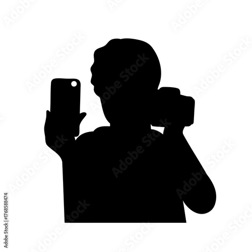 Silhouette of person taking pictures simultaneously with a phone and camera