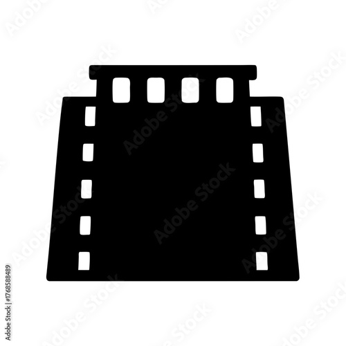 Black and white graphic illustration of a film strip style construction