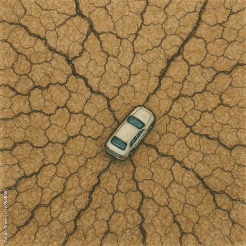 Conceptual illustration showing a lone car parked on a parched, cracked desert surface viewed from above. Symbol of isolation, drought, and environmental impact.