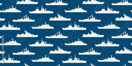 Naval fleet silhouettes on navy blue background. Military ships seamless pattern for boys