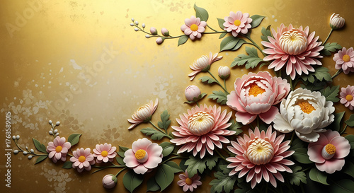 Luxurious Chrysanthemum and Peony 3D Relief Mural. Majestic 3D Wall Mural. floral landscapes. 3d floral art, floral wallpaper, Luxurious textile tile wall art