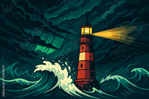Lighthouse beacon shining through stormy ocean waves