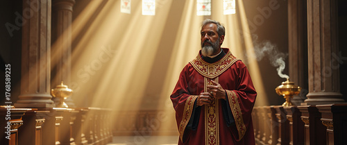 Priest in red vestments walking with incense during liturgy in church  