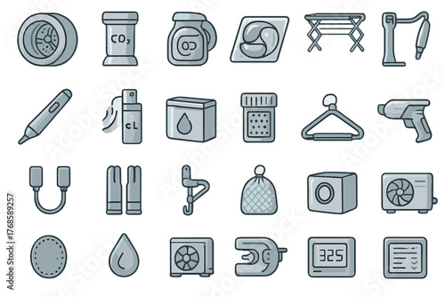 Hand-drawn icons of laundry tools and cleaning equipment