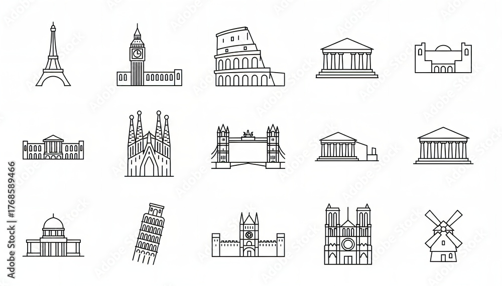 Fototapeta premium Set of famous world landmark line icons including cathedrals and monuments 