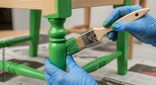 Diy furniture restoration project with hand painted green wooden chair for home renovation and creative interior design