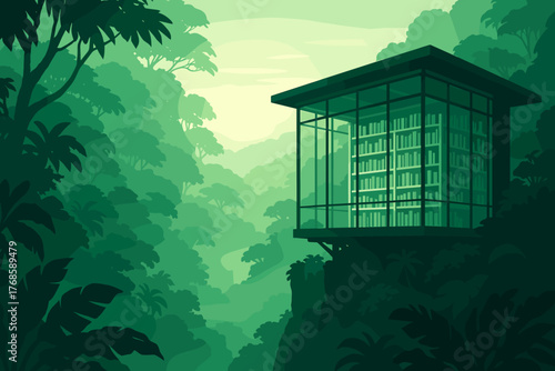 Modern glass library perched in a lush green jungle at sunrise