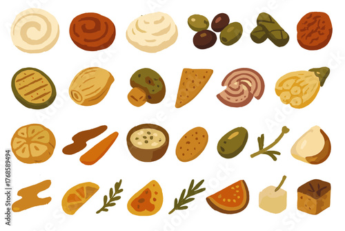 Hand-drawn antipasto and appetizer ingredients on warm background