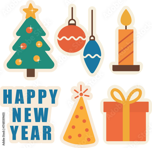 Vector set of flat New Year and Christmas stickers - decorated tree, candle, ornaments, gift box, party hat and festive “Happy New Year” text. Bright holiday clipart for cards, banners and invitations