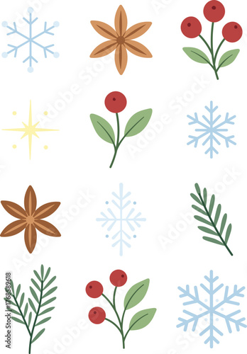 Flat winter botanical elements - snowflakes, berries, anise stars, pine and fir branches and golden star. Minimalist Christmas clipart for patterns, greeting cards, wrapping paper and decor design.
