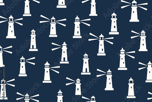 Seamless nautical pattern with white lighthouses on navy blue