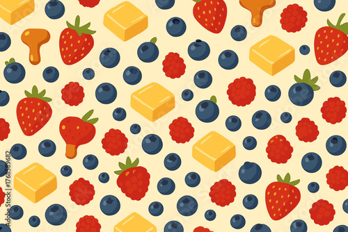 Seamless pattern with berries, butter, and syrup drops