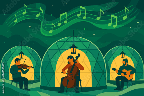 Musicians playing string instruments in cozy outdoor domes