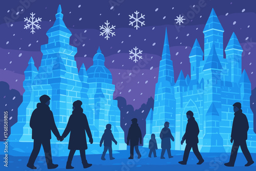 Families visiting glowing ice castles in snowy winter scene