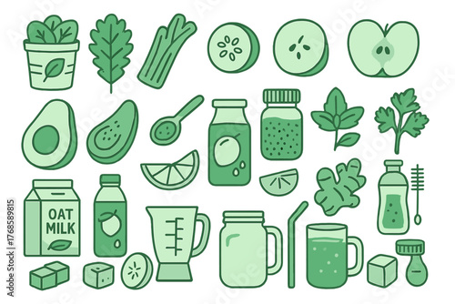 Green smoothie ingredients icon set in flat design