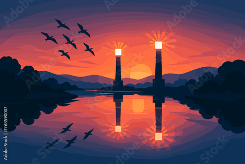 Twin lighthouses glowing at sunset over calm reflective water
