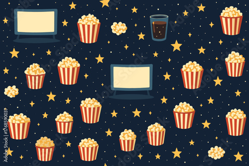 Starlit movie night pattern with popcorn, screens, and soda