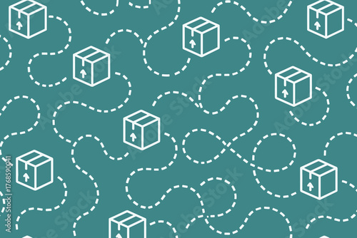 Seamless delivery pattern with packages and dotted travel paths