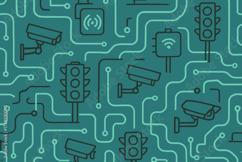 Seamless smart city pattern with cameras and traffic lights