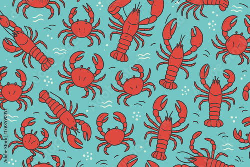 Playful seafood pattern with cartoon crabs and lobsters on blue background