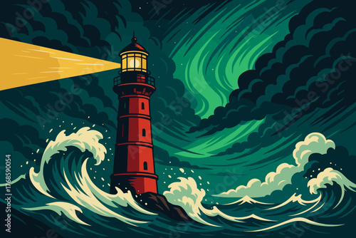 Lighthouse beacon shining through stormy ocean waves