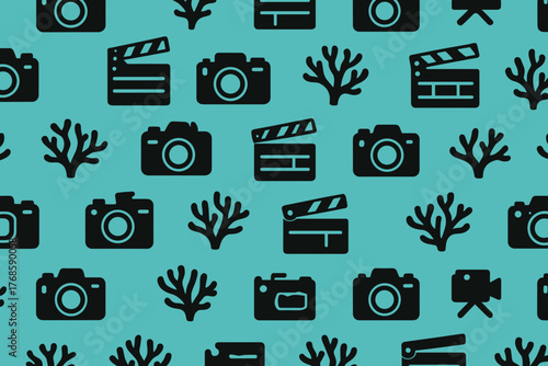 Seamless pattern with cameras, clapperboards, and coral icons