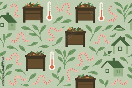 Composting and worm farm pattern with bins, worms, and garden elements